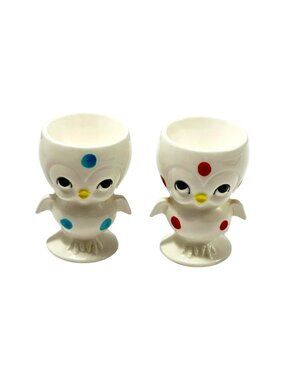 Chick Anthropomorphic Bird Egg Cup Polka Dot Lot 2 White Blue Red Vintage 60s